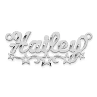 A silver pendant with the word "Bridesmaid" in script lettering, decorated with small stars below and loops at the top for hanging.