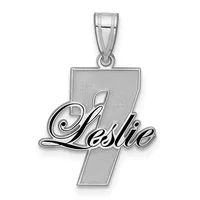 A silver pendant featuring the name Leslie in cursive script overlaid on a rectangular plaque, suspended from a bail loop.