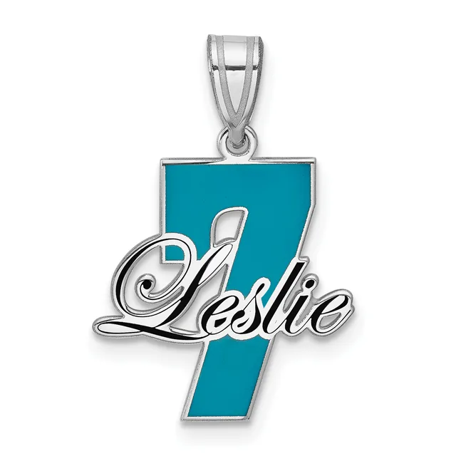Silver pendant featuring a turquoise enameled number 4 with the name Leslie in cursive script overlaid, suspended from a bail loop.