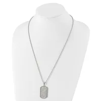 A silver-toned rectangular dog tag pendant with diagonal line texture hangs from a matching ball chain necklace, displayed on a white bust form.