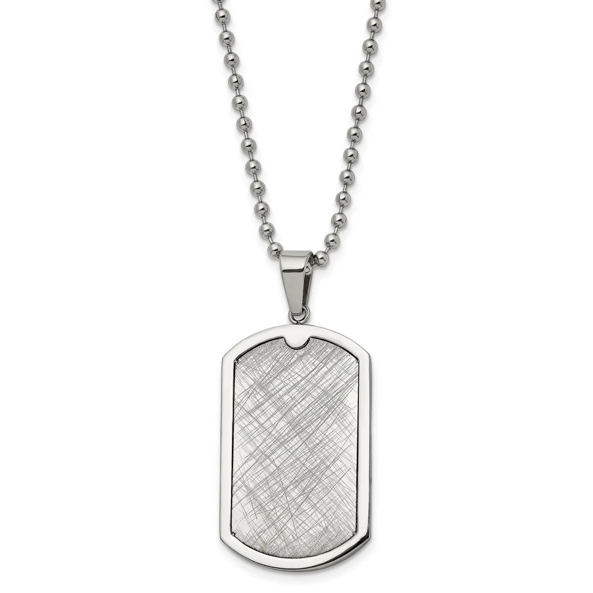 A stainless steel dog tag pendant with a crosshatch pattern hangs from a ball chain necklace against a white background.