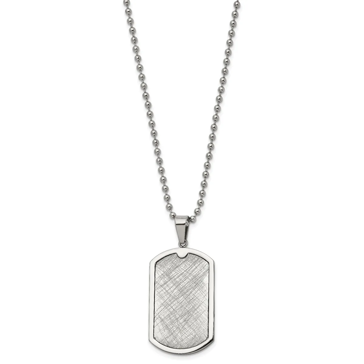 A stainless steel ball chain necklace with a rectangular dog tag pendant featuring a crosshatch engraved surface.