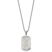 A stainless steel ball chain necklace with a rectangular dog tag pendant featuring a crosshatch engraved surface.