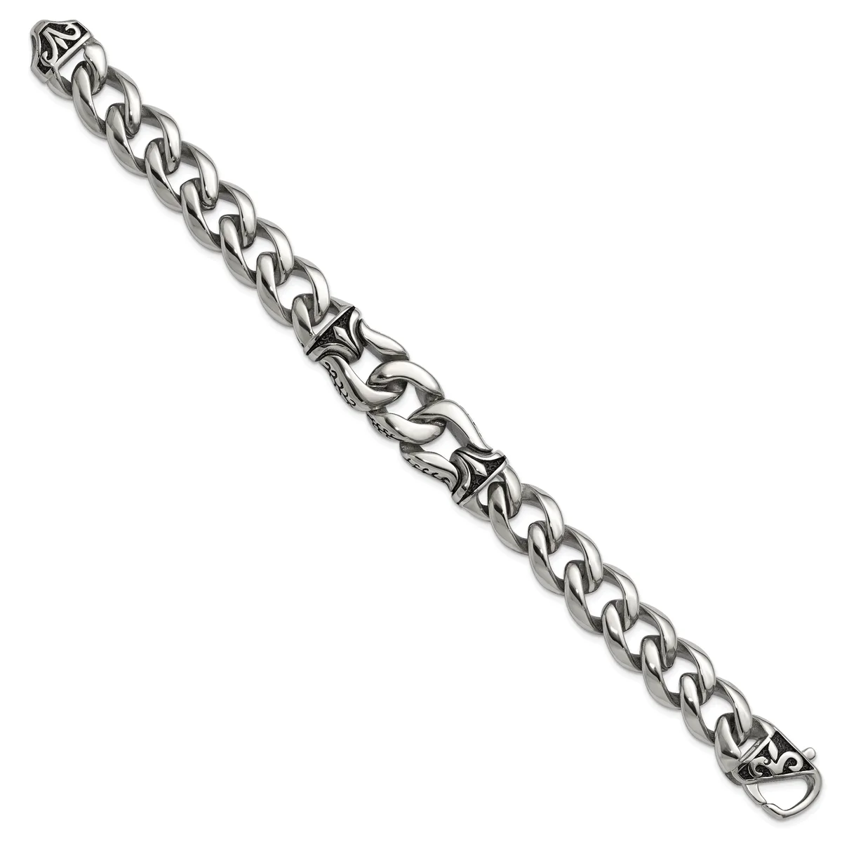 A silver-colored chain bracelet with interlocking curved links and decorative star-shaped ornaments at the center clasp, displayed diagonally against a white background.
