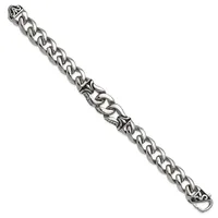 A silver-colored chain bracelet with interlocking curved links and decorative star-shaped ornaments at the center clasp, displayed diagonally against a white background.