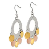 Pair of silver-tone dangle earrings with large oval loops and small gold and rose gold-tone disc charms hanging below.