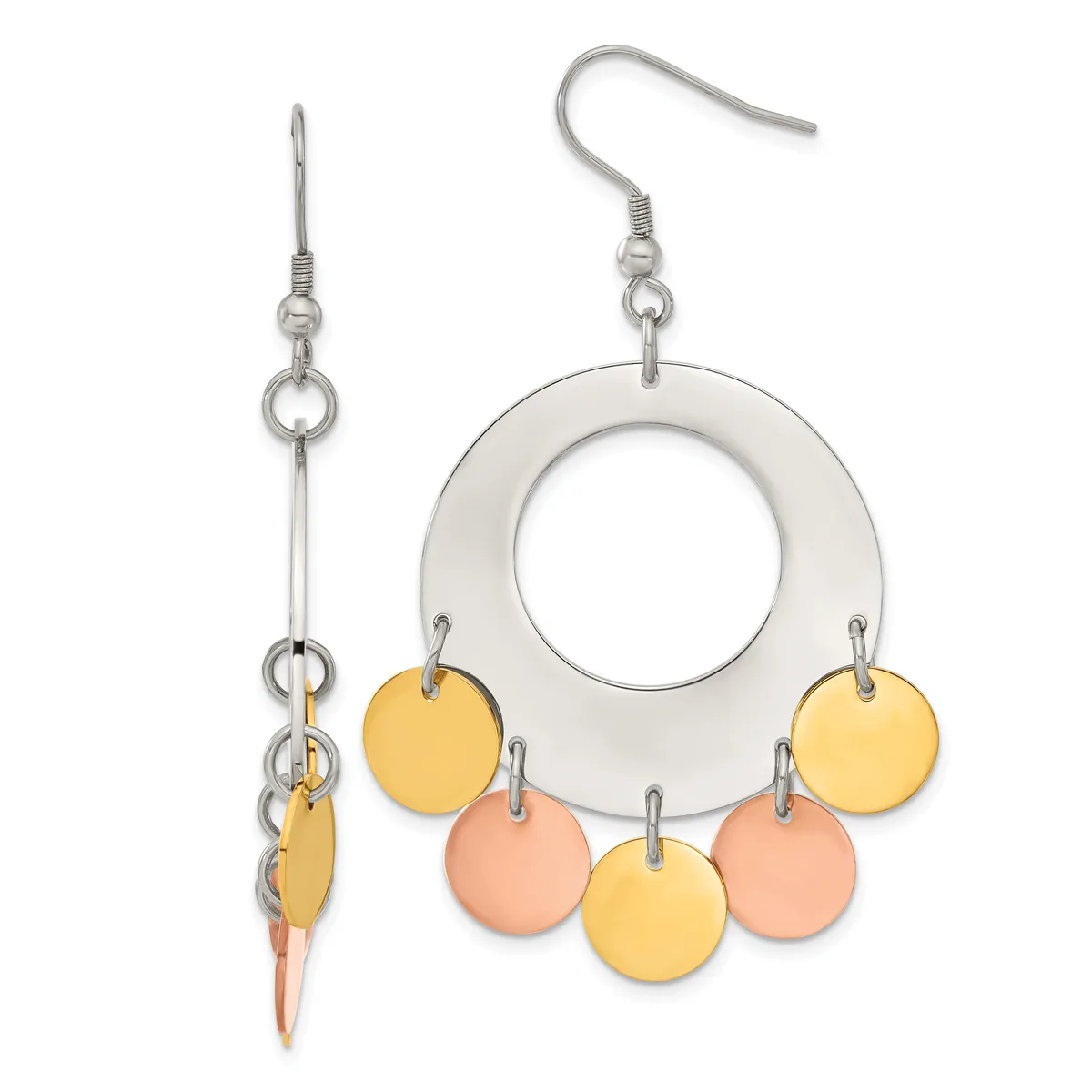 A pair of silver-tone earrings with yellow and coral-colored circular pendants hanging from a white ring on one side, and a linear design with stacked small circles on the other.
