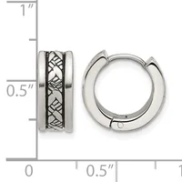 A pair of silver hinged hoop earrings with a textured crosshatch pattern on the outer band, shown next to a measurement scale indicating approximately one inch in height and half inch in width.