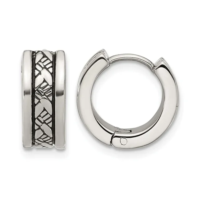 Silver huggie hoop earrings with textured crosshatch pattern in the center, shown from front and side views.