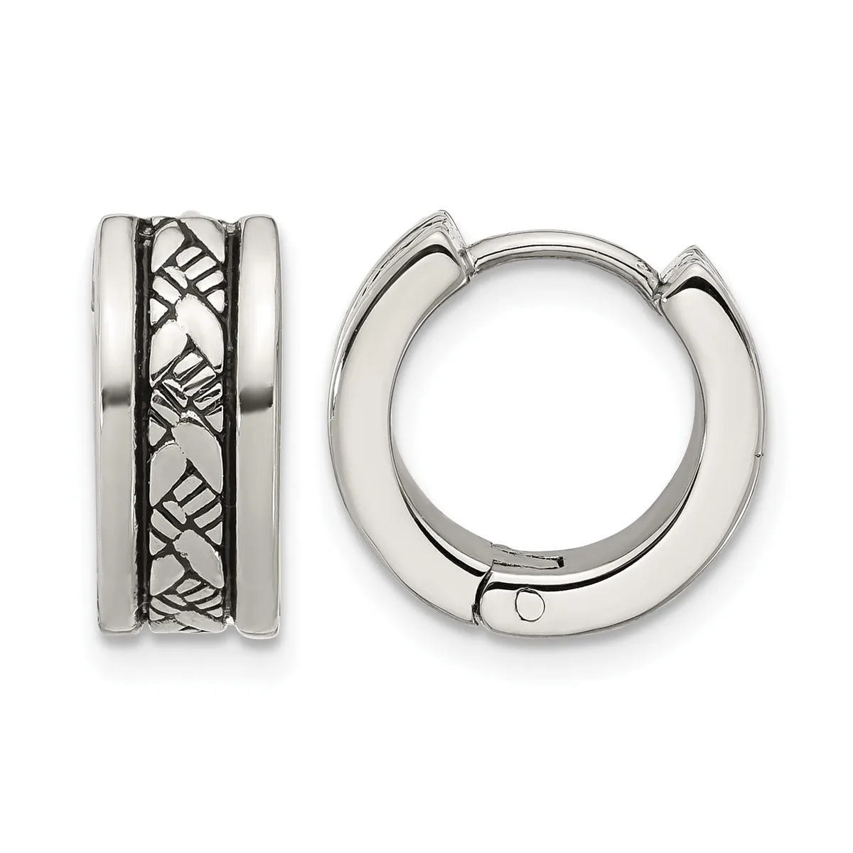 Silver huggie hoop earrings with textured crosshatch pattern in the center, shown from front and side views.