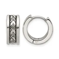 Silver huggie hoop earrings with textured crosshatch pattern in the center, shown from front and side views.