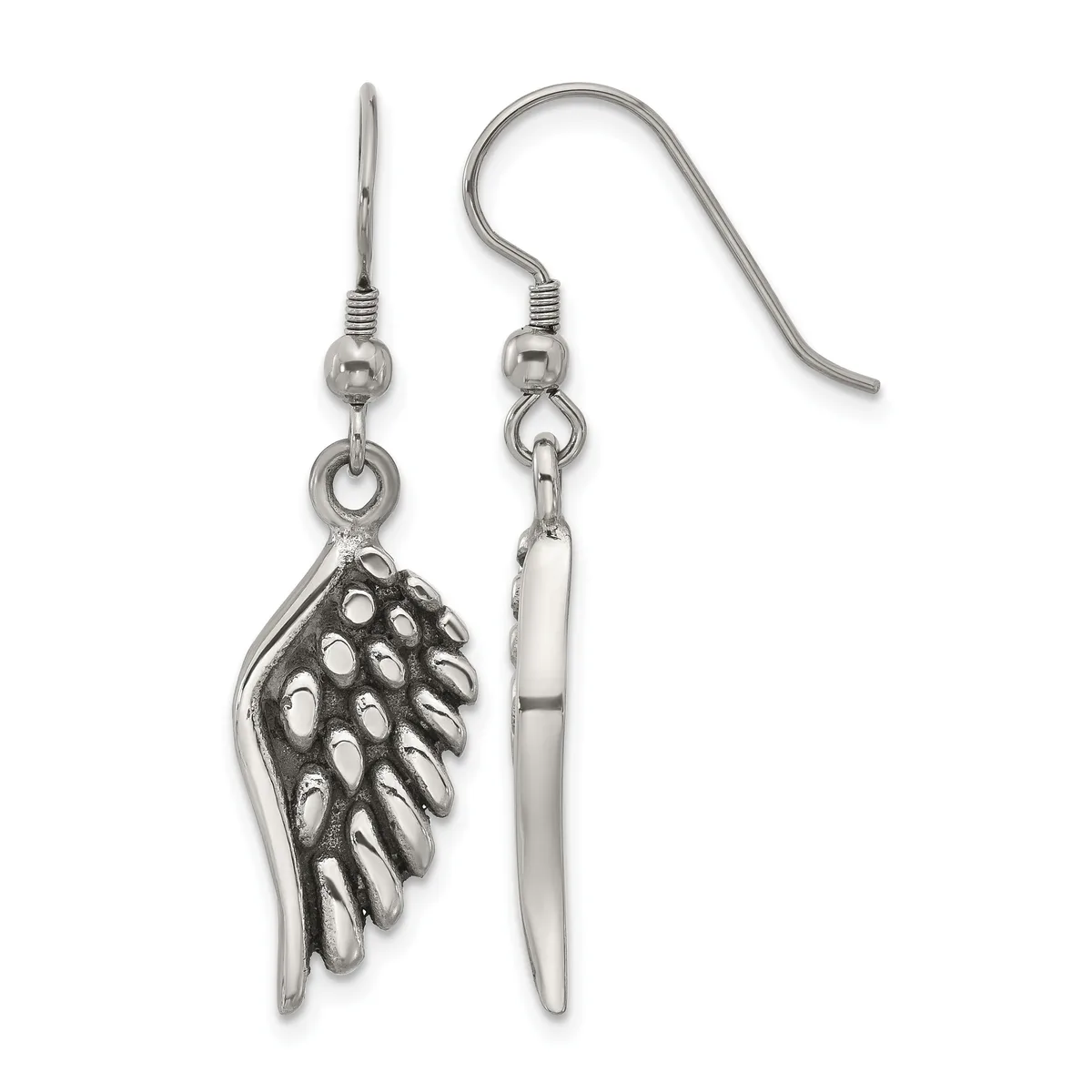 Pair of silver-tone dangle earrings with decorative wing charms on the left and smooth cylindrical charms on the right, suspended from shepherd's hook ear wires.