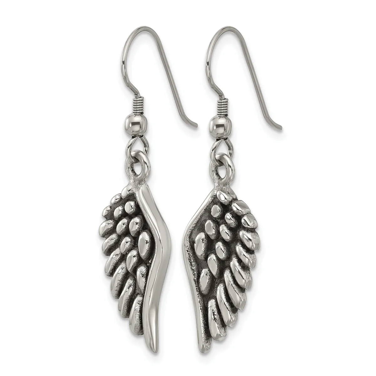 A pair of silver-toned fish hook earrings with detailed wing-shaped pendants hanging from decorative connectors.