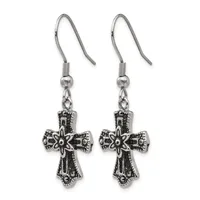 A pair of ornate silver-tone cross earrings with decorative scrollwork and a star center, suspended from fish hook wires with beaded accent beads.