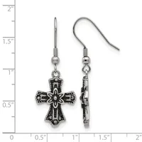 A pair of ornate silver-toned cross earrings with decorative scrollwork and beaded details, shown front and back view next to a ruler indicating approximately one inch in length.
