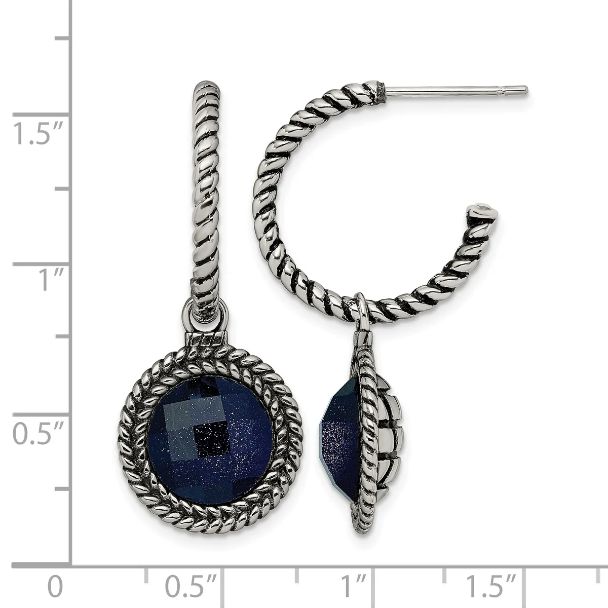 Silver-toned twisted hoop earrings with round dark blue stone pendants set in decorative rope-edge bezels, shown next to a measurement scale.