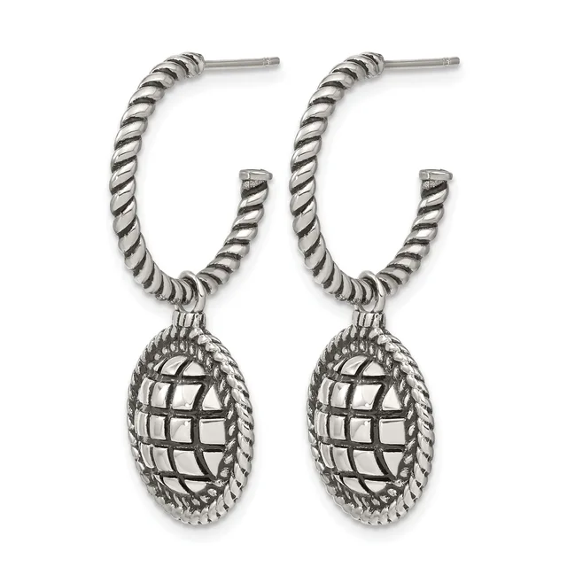 A pair of silver-toned hoop earrings with twisted rope-textured hoops and oval pendant charms featuring a woven lattice pattern with rope borders.