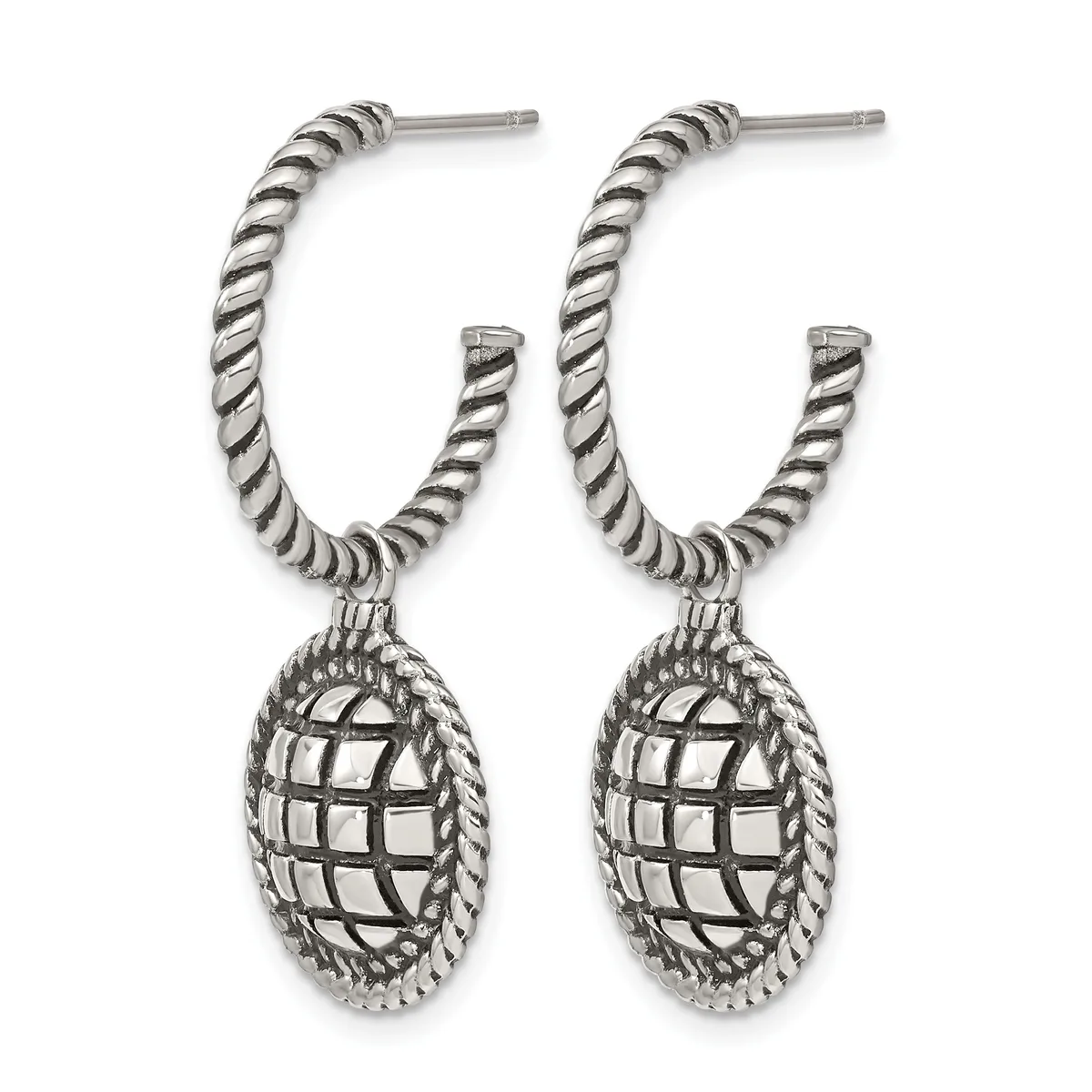 A pair of silver-toned hoop earrings with twisted rope-textured hoops and oval pendant charms featuring a woven lattice pattern with rope borders.