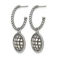 A pair of silver-toned hoop earrings with twisted rope-textured hoops and oval pendant charms featuring a woven lattice pattern with rope borders.