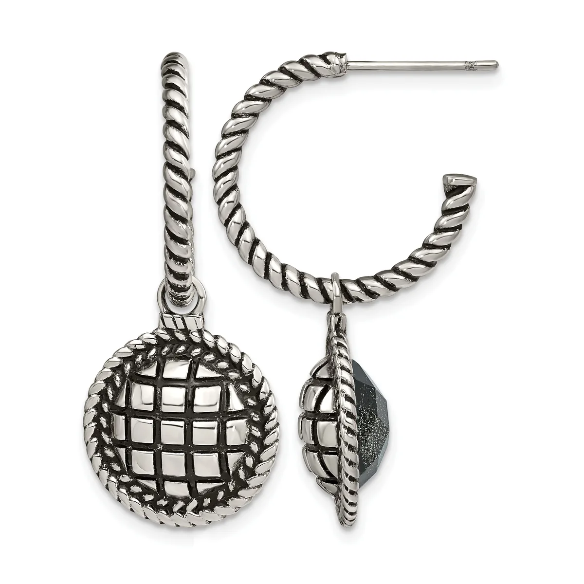Pair of oxidized silver twisted rope hoop earrings with textured sphere charms hanging from posts.