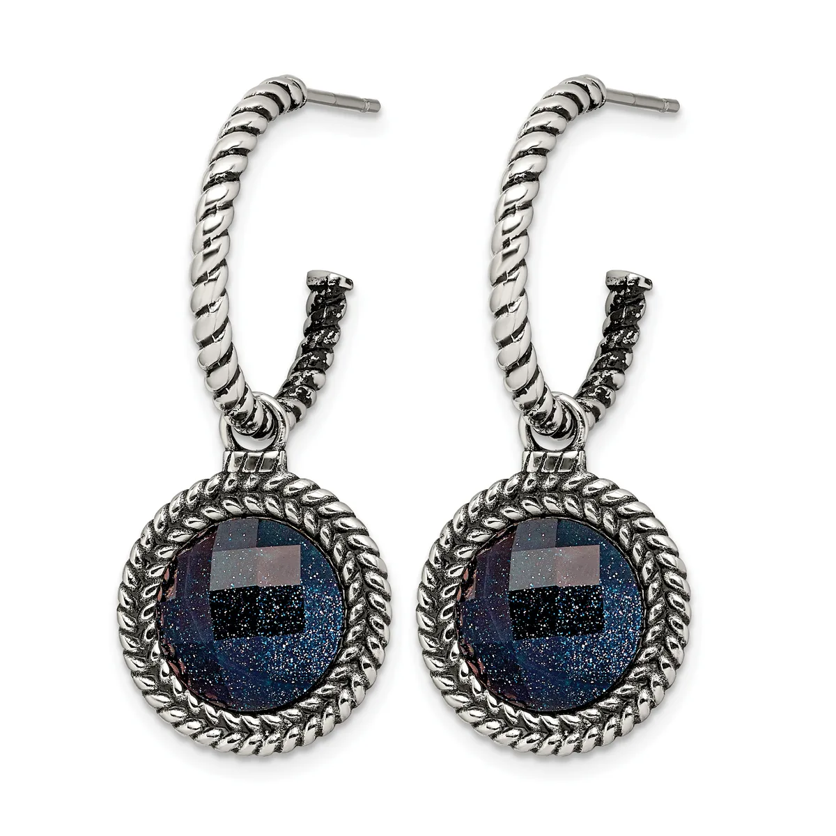 Pair of silver-toned hoop earrings with twisted rope texture and dark blue gemstone pendants in ornate circular settings.