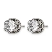 A pair of silver stud earrings with round clear cubic zirconia stones set in ornate filigree settings with small posts.