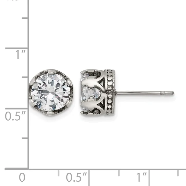 Silver-tone stud earrings with round clear cubic zirconia stones set in ornate filigree settings with beaded details, shown next to a measurement ruler.