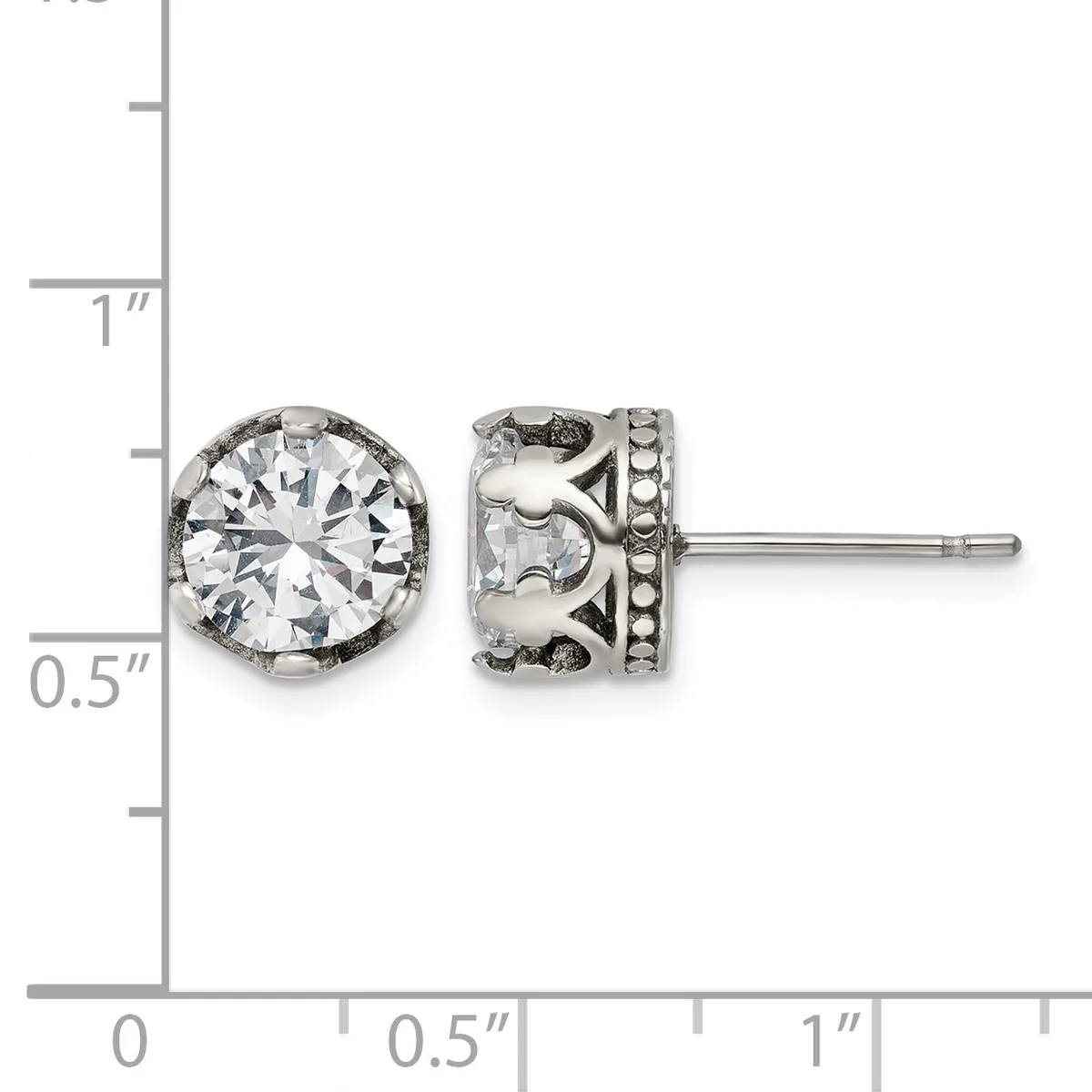 Silver-tone stud earrings with round clear cubic zirconia stones set in ornate filigree settings with beaded details, shown next to a measurement ruler.