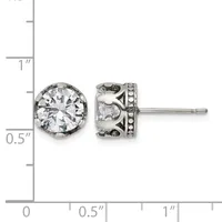 Silver-tone stud earrings with round clear cubic zirconia stones set in ornate filigree settings with beaded details, shown next to a measurement ruler.