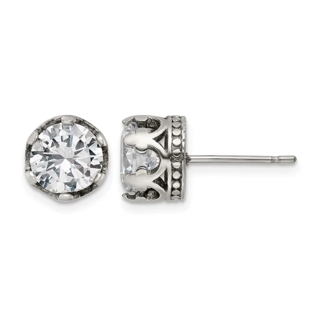 Pair of silver stud earrings with round clear gemstones set in ornate filigree settings with beaded detailing, shown from front and back views.