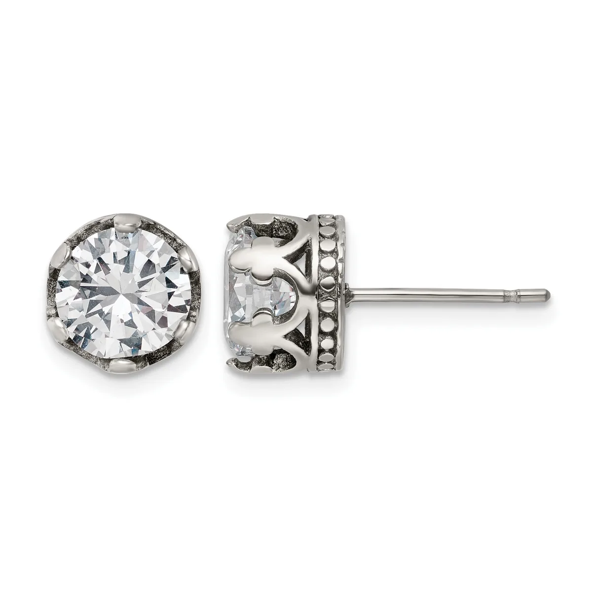 Pair of silver stud earrings with round clear gemstones set in ornate filigree settings with beaded detailing, shown from front and back views.