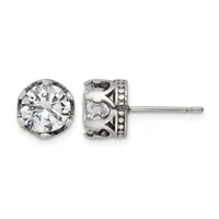 Pair of silver stud earrings with round clear gemstones set in ornate filigree settings with beaded detailing, shown from front and back views.