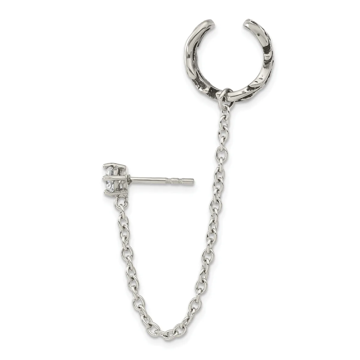 Silver-toned ear cuff and stud earring connected by a delicate chain, displayed against a white background.