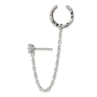 Silver-toned ear cuff and stud earring connected by a delicate chain, displayed against a white background.