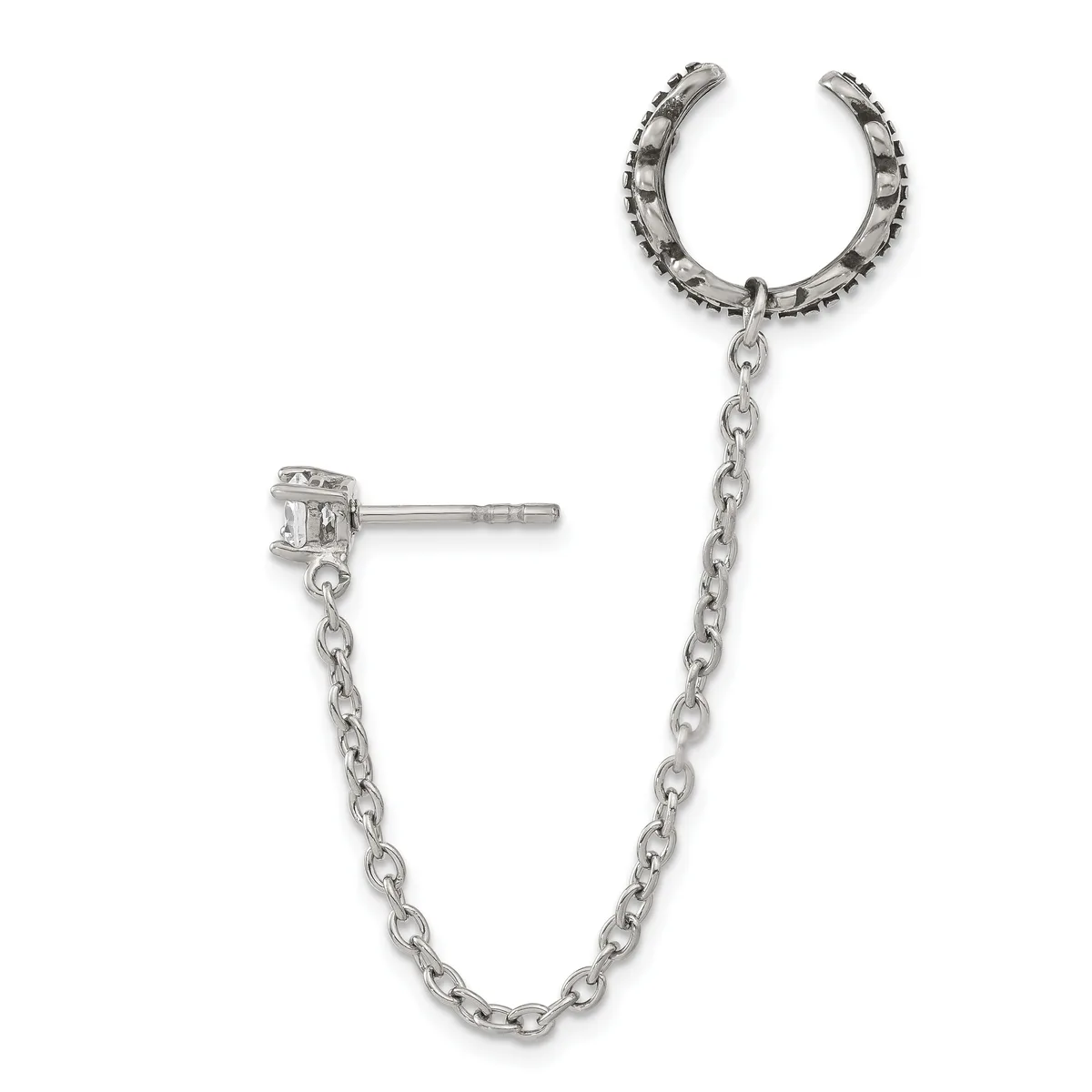 Silver-toned ear cuff with textured band connected by chain to a stud earring with a small square stone setting.