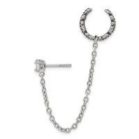 Silver-toned ear cuff with textured band connected by chain to a stud earring with a small square stone setting.