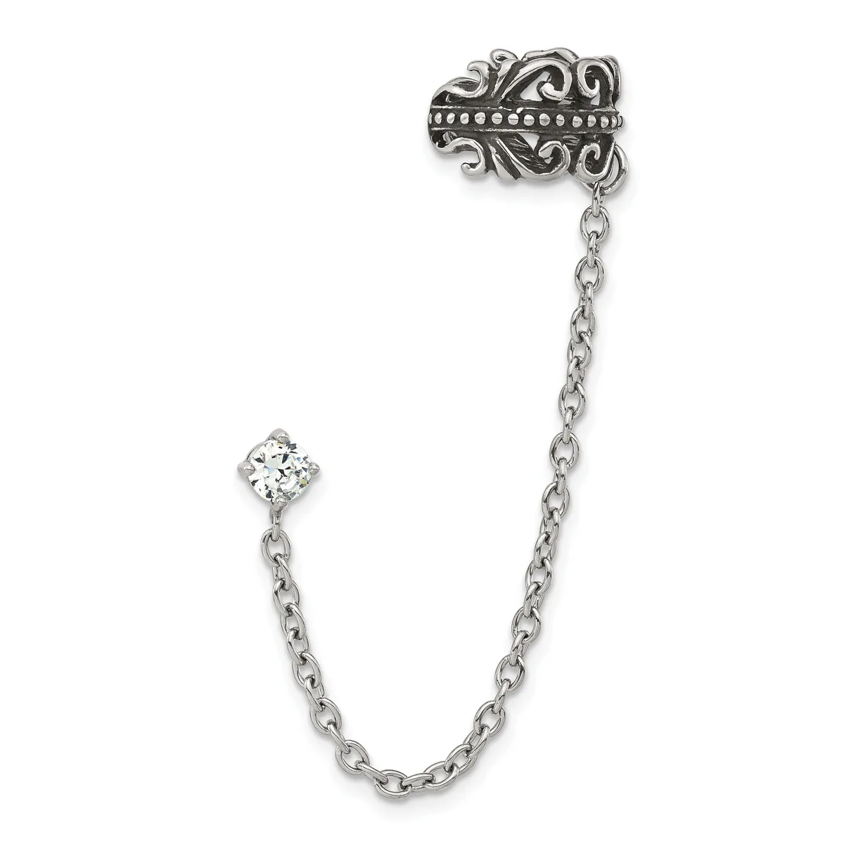 Silver-tone ornate brooch with decorative scrollwork and small stones connected by chain to a cubic zirconia charm, displayed against a white background.