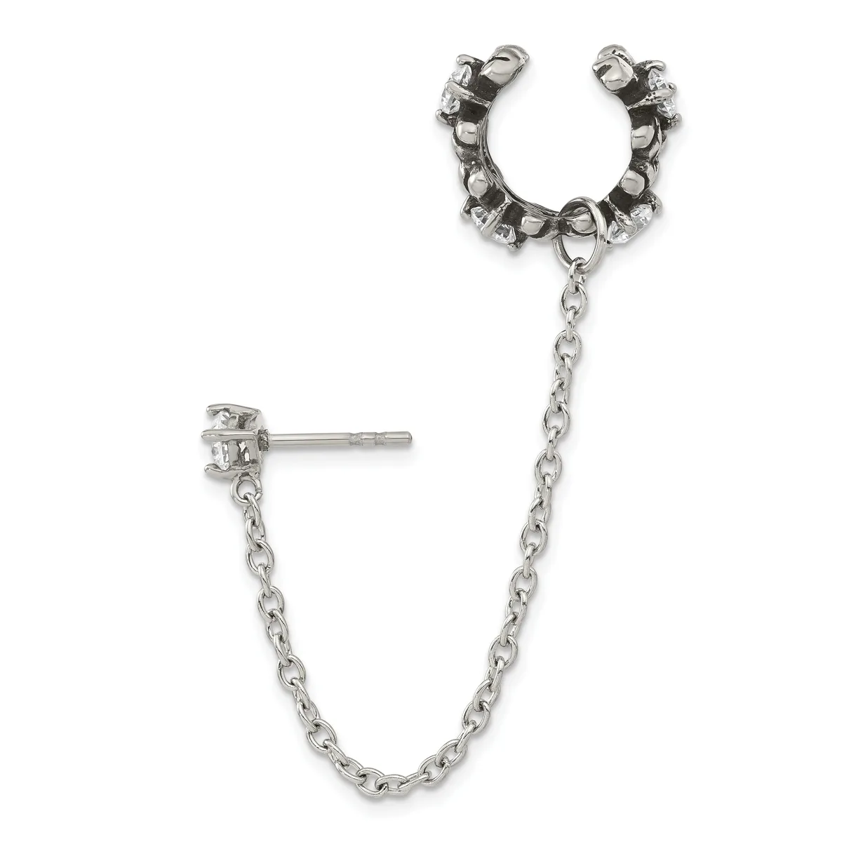 Silver-toned chain ear cuff with decorative beaded design on one end, stud earring on the other end, connected by delicate chain link.