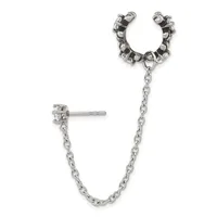 Silver-toned chain ear cuff with decorative beaded design on one end, stud earring on the other end, connected by delicate chain link.