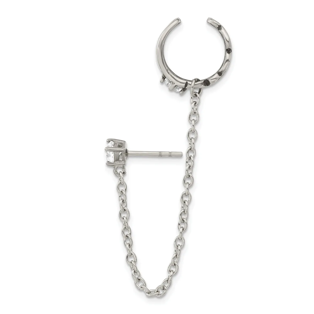 Silver-toned ear cuff with chain attached to a stud earring, featuring decorative elements along the cuff and a small hallmark visible on the post.