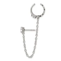 Silver-toned ear cuff with chain attached to a stud earring, featuring decorative elements along the cuff and a small hallmark visible on the post.