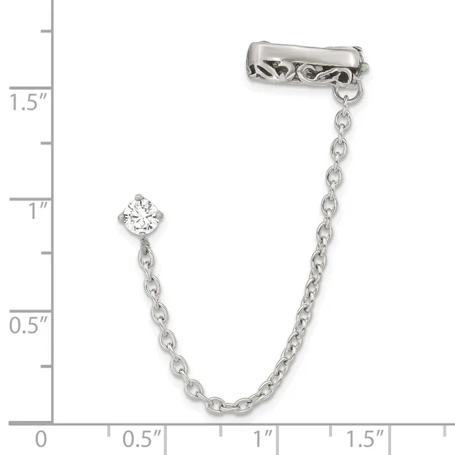 Silver chain bracelet with a decorative clasp at one end and a round cubic zirconia stone pendant at the other, displayed against a measurement scale.