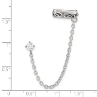Silver chain bracelet with a decorative clasp at one end and a round cubic zirconia stone pendant at the other, displayed against a measurement scale.