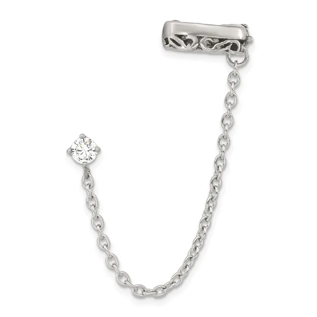 Silver-tone chain bracelet with a decorative bar clasp at one end and a round cubic zirconia stone pendant hanging from the other end.