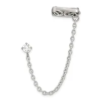 Silver-tone chain bracelet with a decorative bar clasp at one end and a round cubic zirconia stone pendant hanging from the other end.