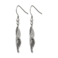 A pair of silver-toned fish-shaped dangle earrings with pave crystal embellishments, suspended from hook-style ear wires.