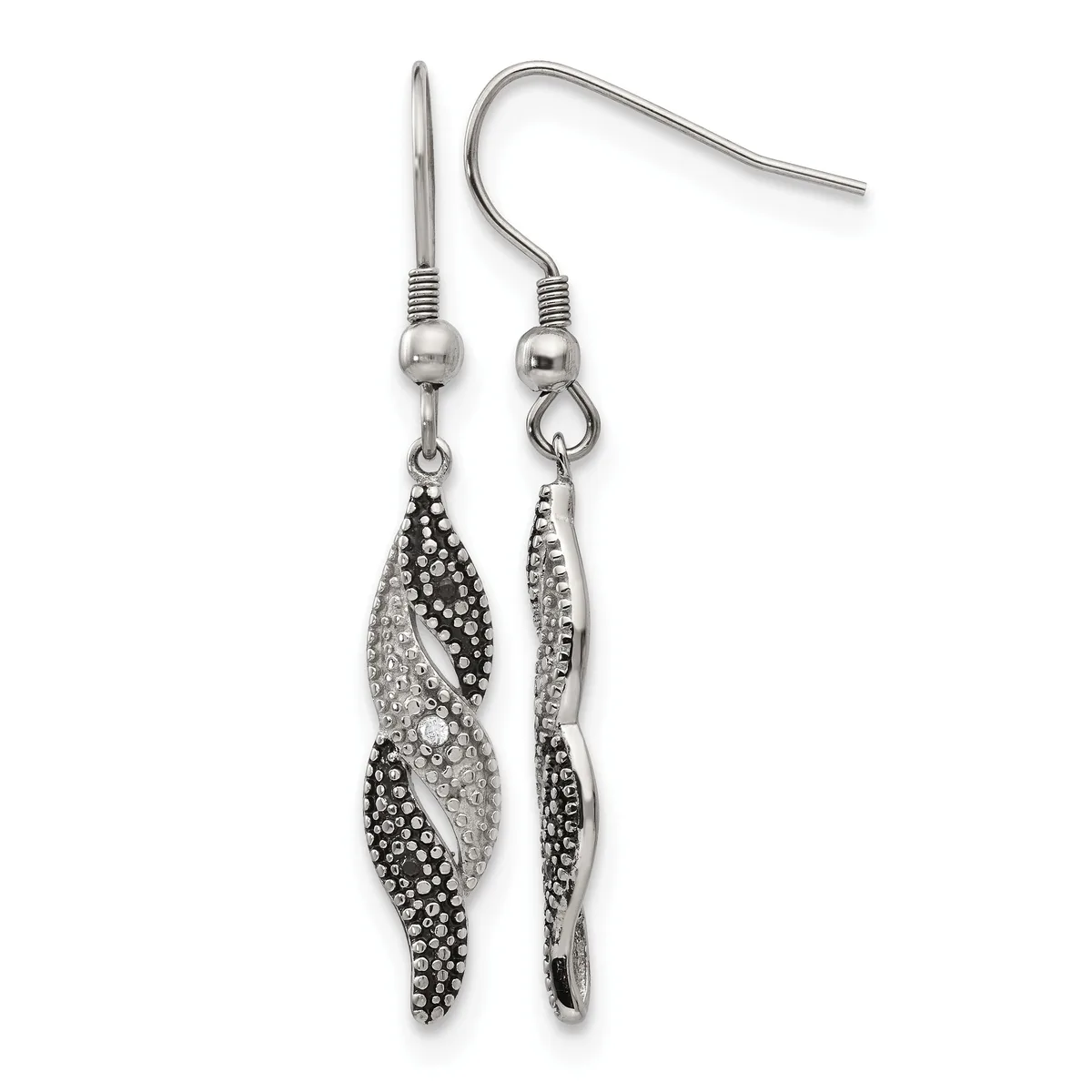 Pair of silver-toned dangle earrings with twisted leaf-shaped pendants studded with clear and dark crystals, suspended from fish hook wires.