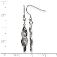 A pair of silver-tone dangle earrings with twisted leaf-shaped pendants decorated with black and clear crystals, displayed against a ruler showing they measure approximately 1.5 inches long.