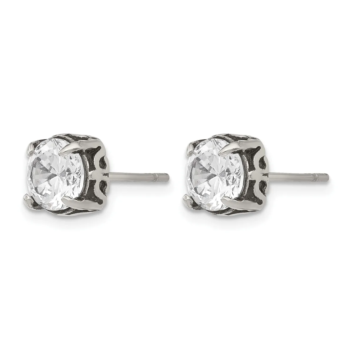 Pair of square stud earrings with round clear cubic zirconia stones set in ornate silver-tone metal settings with decorative cutout details on the sides.