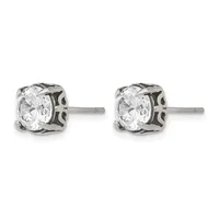 Pair of square stud earrings with round clear cubic zirconia stones set in ornate silver-tone metal settings with decorative cutout details on the sides.